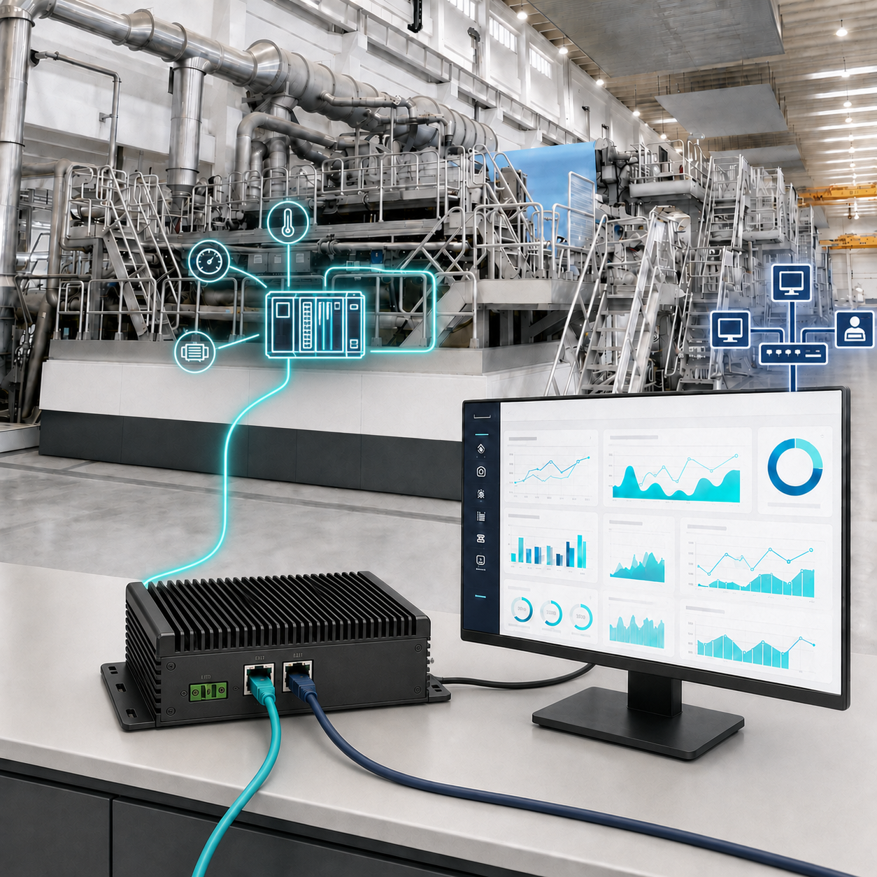Computador industrial dedicado conectando a rede de CLPs à rede corporativa